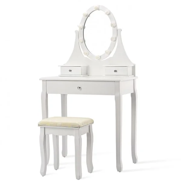 Coiffeuse avec Miroir Lumineux LED et Amovible, Table et Tabouret de Maquillage, en MDF et Bois, 74x40,5x142cm, Blanc