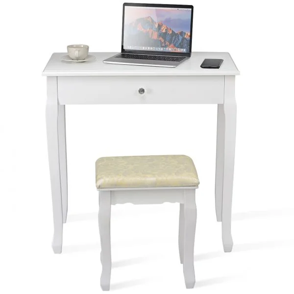 Coiffeuse avec Miroir Lumineux LED et Amovible, Table et Tabouret de Maquillage, en MDF et Bois, 74x40,5x142cm, Blanc