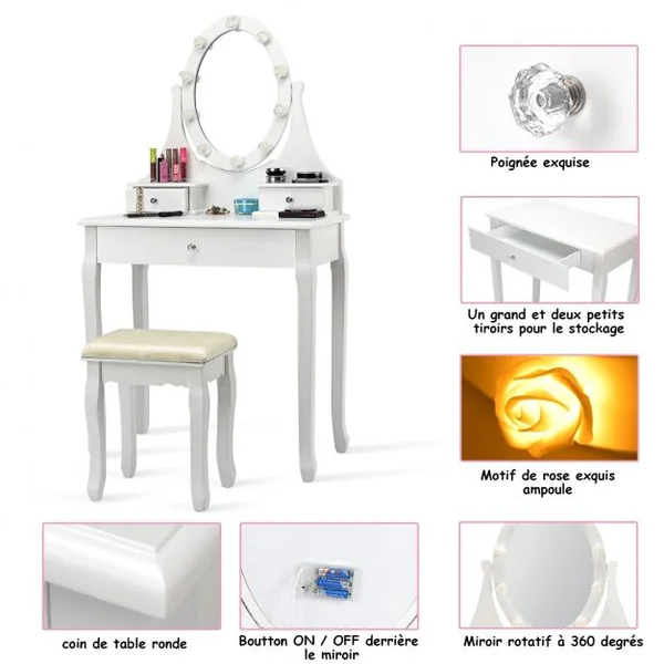 Coiffeuse avec Miroir Lumineux LED et Amovible, Table et Tabouret de Maquillage, en MDF et Bois, 74x40,5x142cm, Blanc