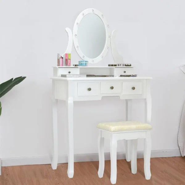 Coiffeuse avec Miroir Ovale et 5 Tiroirs Table de Maquillage avec Tabouret Confortable en Mdf & Pin 80x40x142cm Blanc
