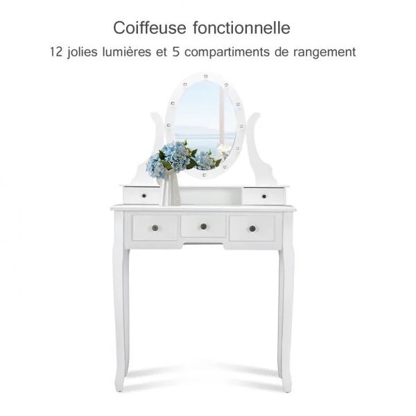 Coiffeuse avec Miroir Ovale et 5 Tiroirs Table de Maquillage avec Tabouret Confortable en Mdf & Pin 80x40x142cm Blanc