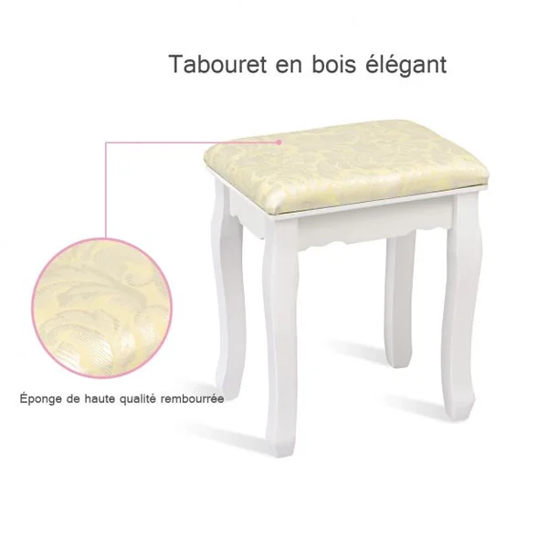 Coiffeuse avec Miroir Ovale et 5 Tiroirs Table de Maquillage avec Tabouret Confortable en Mdf & Pin 80x40x142cm Blanc