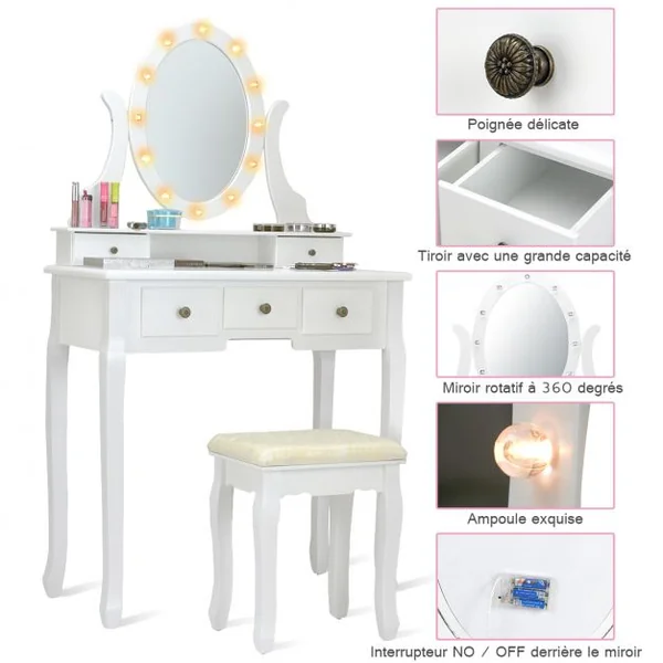 Coiffeuse avec Miroir Ovale et 5 Tiroirs Table de Maquillage avec Tabouret Confortable en Mdf & Pin 80x40x142cm Blanc