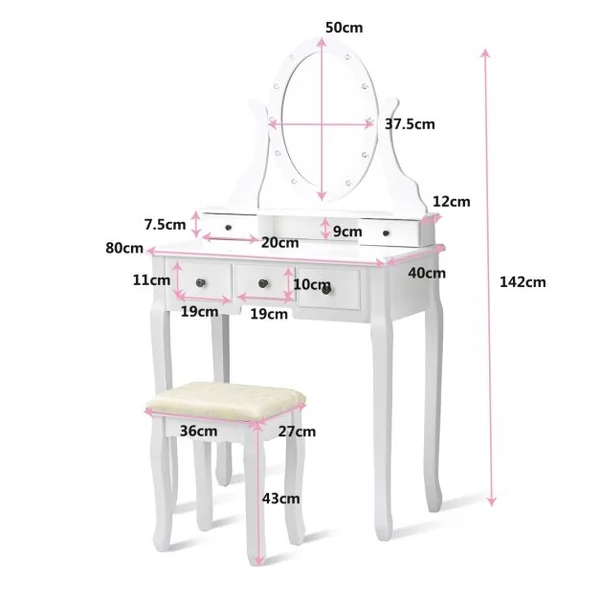 Coiffeuse avec Miroir Ovale et 5 Tiroirs Table de Maquillage avec Tabouret Confortable en Mdf & Pin 80x40x142cm Blanc