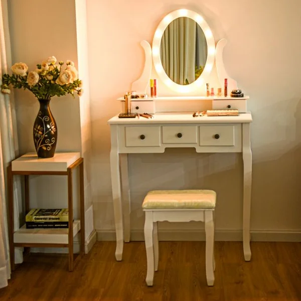 Coiffeuse avec Miroir Ovale et 5 Tiroirs Table de Maquillage avec Tabouret Confortable en Mdf & Pin 80x40x142cm Blanc