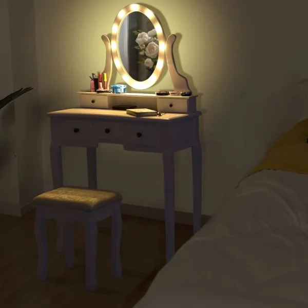 Coiffeuse avec Miroir Ovale et 5 Tiroirs Table de Maquillage avec Tabouret Confortable en Mdf & Pin 80x40x142cm Blanc