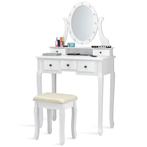 Coiffeuse avec Miroir Ovale et 5 Tiroirs Table de Maquillage avec Tabouret Confortable en Mdf & Pin 80x40x142cm Blanc