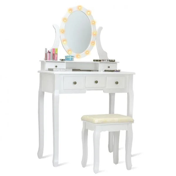 Coiffeuse avec Miroir Ovale et 5 Tiroirs Table de Maquillage avec Tabouret Confortable en Mdf & Pin 80x40x142cm Blanc
