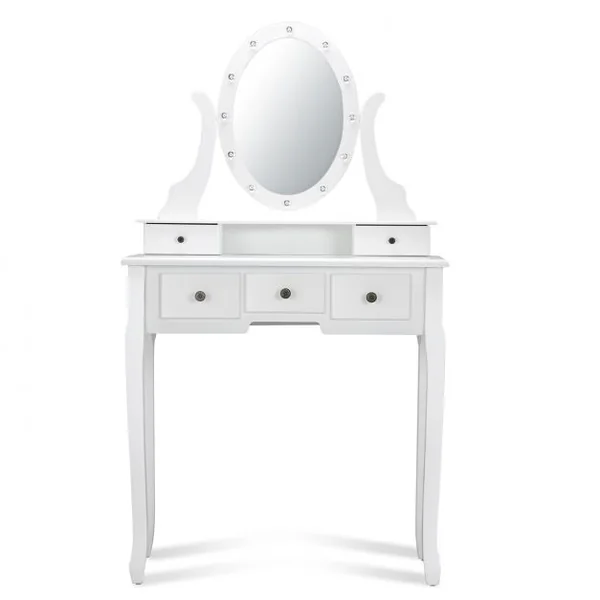 Coiffeuse avec Miroir Ovale et 5 Tiroirs Table de Maquillage avec Tabouret Confortable en Mdf & Pin 80x40x142cm Blanc