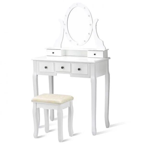 Coiffeuse avec Miroir Ovale et 5 Tiroirs Table de Maquillage avec Tabouret Confortable en Mdf & Pin 80x40x142cm Blanc