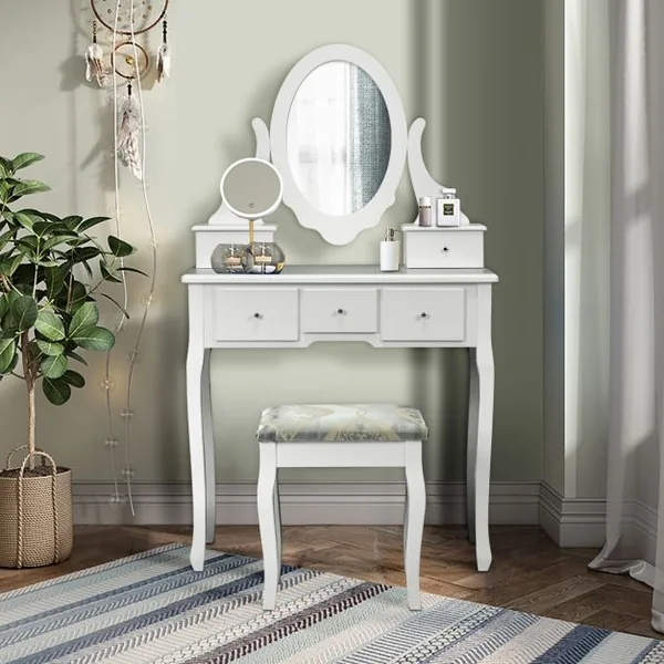 Coiffeuse avec Miroir Ovale et Tabouret Table de Maquillage avec 5 Tiroirs en Bois et MDF, 80x40x135cm, Blanc