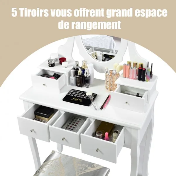 Coiffeuse avec Miroir Ovale et Tabouret Table de Maquillage avec 5 Tiroirs en Bois et MDF, 80x40x135cm, Blanc