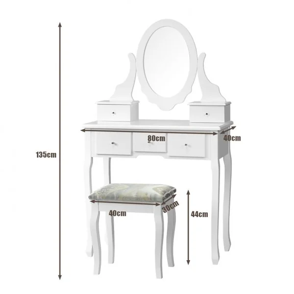 Coiffeuse avec Miroir Ovale et Tabouret Table de Maquillage avec 5 Tiroirs en Bois et MDF, 80x40x135cm, Blanc