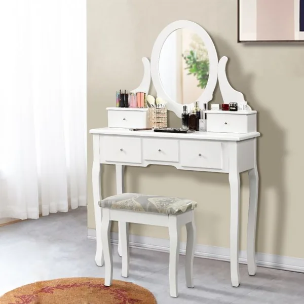Coiffeuse avec Miroir Ovale et Tabouret Table de Maquillage avec 5 Tiroirs en Bois et MDF, 80x40x135cm, Blanc
