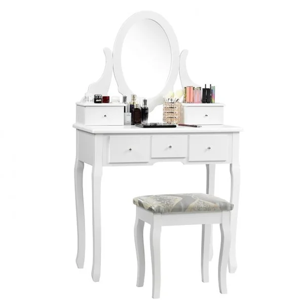 Coiffeuse avec Miroir Ovale et Tabouret Table de Maquillage avec 5 Tiroirs en Bois et MDF, 80x40x135cm, Blanc