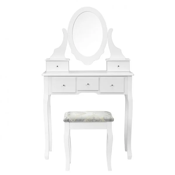 Coiffeuse avec Miroir Ovale et Tabouret Table de Maquillage avec 5 Tiroirs en Bois et MDF, 80x40x135cm, Blanc