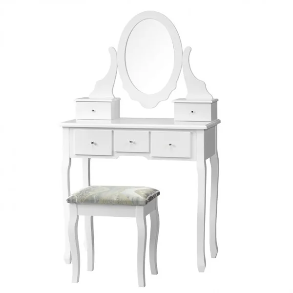 Coiffeuse avec Miroir Ovale et Tabouret Table de Maquillage avec 5 Tiroirs en Bois et MDF, 80x40x135cm, Blanc