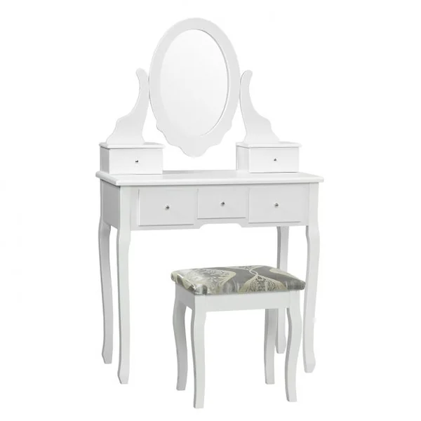 Coiffeuse avec Miroir Ovale et Tabouret Table de Maquillage avec 5 Tiroirs en Bois et MDF, 80x40x135cm, Blanc