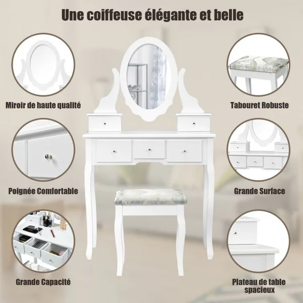 Coiffeuse avec Miroir Ovale et Tabouret Table de Maquillage avec 5 Tiroirs en Bois et MDF, 80x40x135cm, Blanc