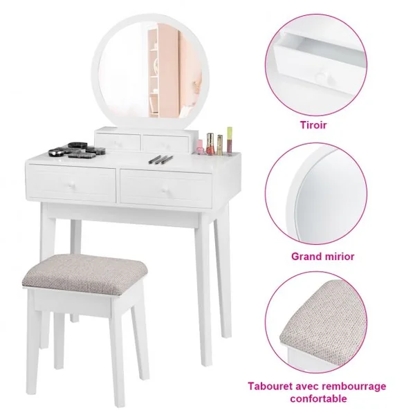 Coiffeuse avec miroir rond Table de maquillage avec tabouret 2 tiroirsA en MDF, 75 x 40 x 130 cm, Blanc