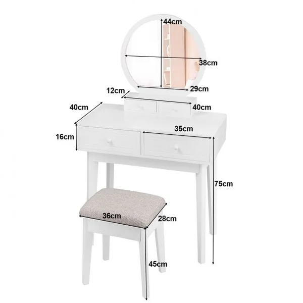 Coiffeuse avec miroir rond Table de maquillage avec tabouret 2 tiroirsA en MDF, 75 x 40 x 130 cm, Blanc