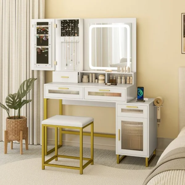 Coiffeuse avec Miroir Éclairé Ensemble de Table de Maquillage et Tabouret avec Station de Charge Lumières LED 3 Couleurs Blanc