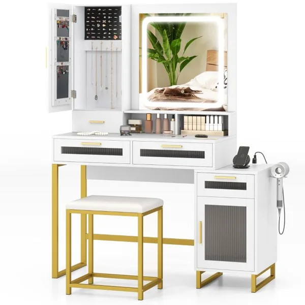 Coiffeuse avec Miroir Éclairé Ensemble de Table de Maquillage et Tabouret avec Station de Charge Lumières LED 3 Couleurs Blanc