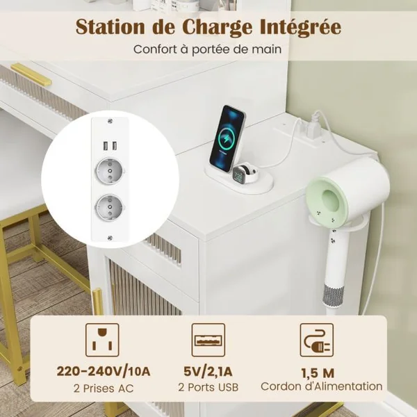 Coiffeuse avec Miroir Éclairé Ensemble de Table de Maquillage et Tabouret avec Station de Charge Lumières LED 3 Couleurs Blanc