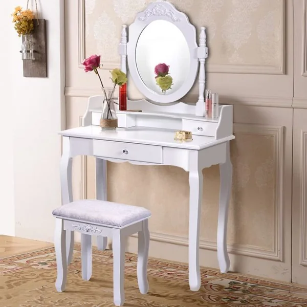 Coiffeuse avec Tabouret Rembourré Table de Maquillage de Style Vintage avec Miroir Ovale Pivotant à 360° 3 Tiroirs et Dessus Amovible Blanc