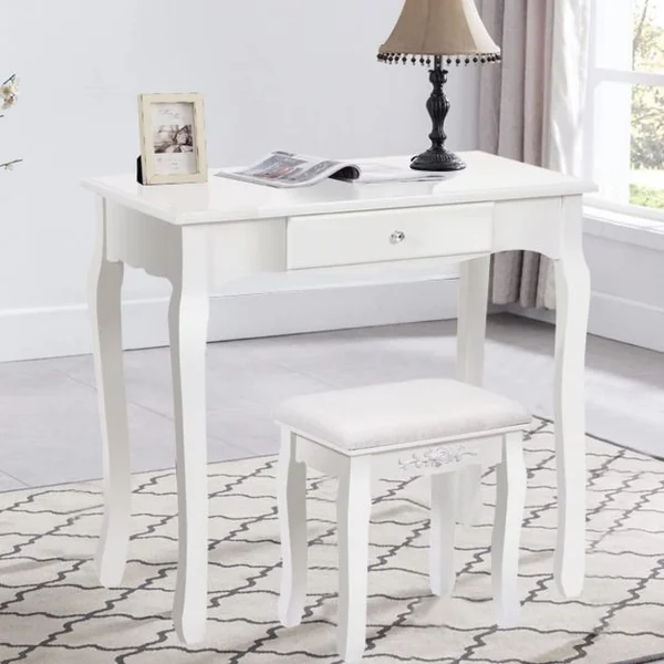 Coiffeuse avec Tabouret Rembourré Table de Maquillage de Style Vintage avec Miroir Ovale Pivotant à 360° 3 Tiroirs et Dessus Amovible Blanc