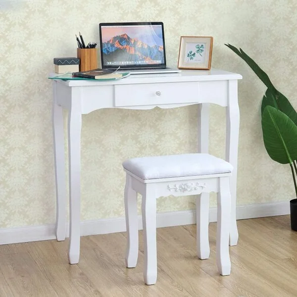 Coiffeuse avec Tabouret Rembourré Table de Maquillage de Style Vintage avec Miroir Ovale Pivotant à 360° 3 Tiroirs et Dessus Amovible Blanc