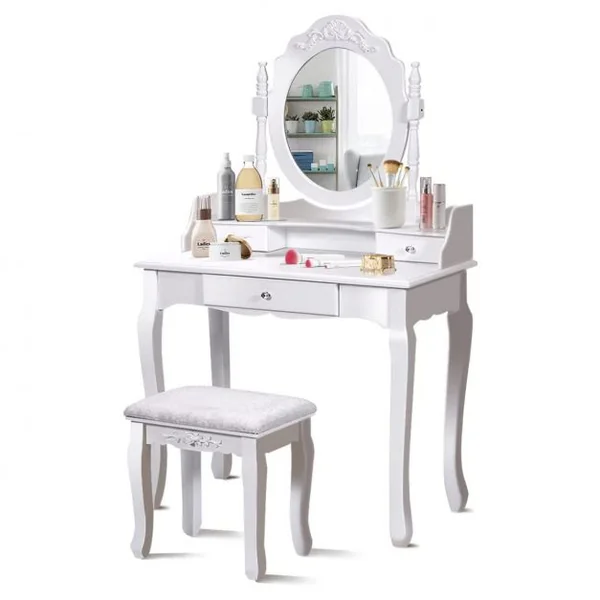 Coiffeuse avec Tabouret Rembourré Table de Maquillage de Style Vintage avec Miroir Ovale Pivotant à 360° 3 Tiroirs et Dessus Amovible Blanc