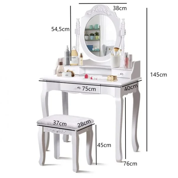 Coiffeuse avec Tabouret Rembourré Table de Maquillage de Style Vintage avec Miroir Ovale Pivotant à 360° 3 Tiroirs et Dessus Amovible Blanc