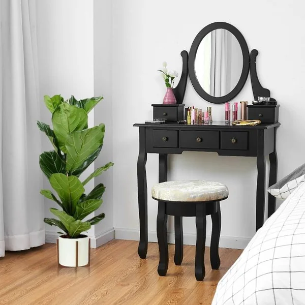 Coiffeuse avec Tabouret Table de Maquillage avec Miroir Amovible Pivotant à 360° 5 Tiroirs en MDF 75x40x130cm Blanc