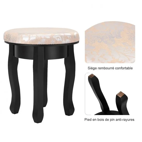 Coiffeuse avec Tabouret Table de Maquillage avec Miroir Amovible Pivotant à 360° 5 Tiroirs en MDF 75x40x130cm Blanc