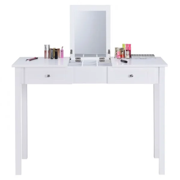 Coiffeuse de maquillage multifonctionnel avec miroir rabattable avec boîte de rangement cachée 2 Tiroirs en MDF 112x48x82cm, Blanc