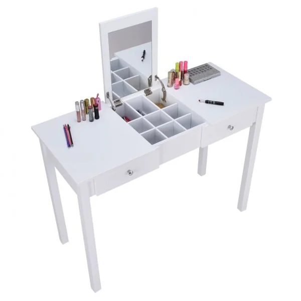 Coiffeuse de maquillage multifonctionnel avec miroir rabattable avec boîte de rangement cachée 2 Tiroirs en MDF 112x48x82cm, Blanc