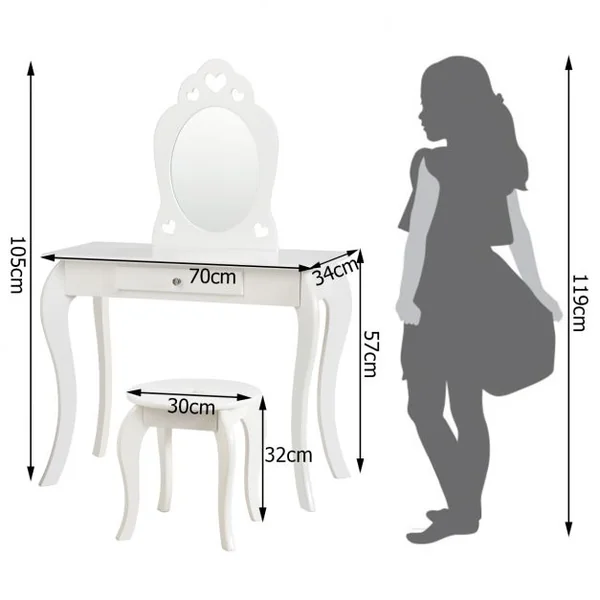 Coiffeuse Enfant avec Miroir Inclus de Table de Maquillage et deTabouret Dessus Amovible Blanc