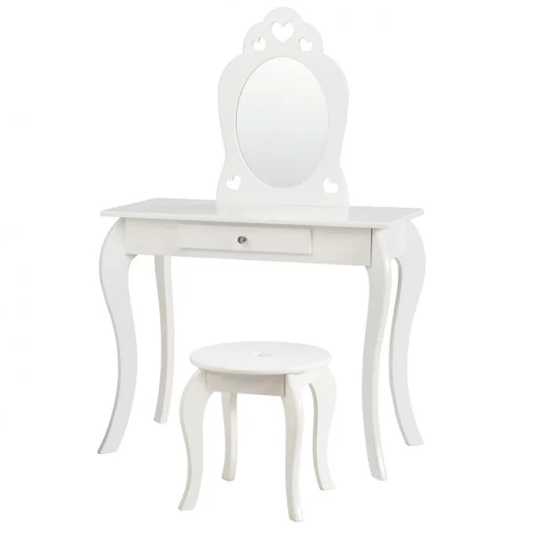 Coiffeuse Enfant avec Miroir Inclus de Table de Maquillage et deTabouret Dessus Amovible Blanc