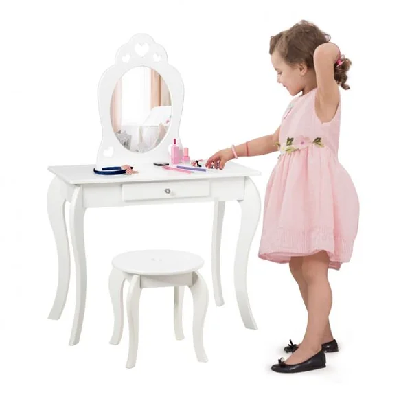 Coiffeuse Enfant avec Miroir Inclus de Table de Maquillage et deTabouret Dessus Amovible Blanc