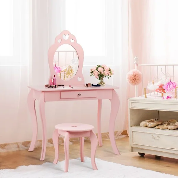 Coiffeuse Enfant avec Miroir Inclus de Table de Maquillage et deTabouret Dessus Amovible Rose