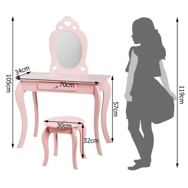 Coiffeuse Enfant avec Miroir Inclus de Table de Maquillage et deTabouret Dessus Amovible Rose