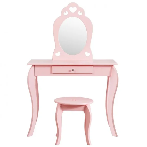 Coiffeuse Enfant avec Miroir Inclus de Table de Maquillage et deTabouret Dessus Amovible Rose