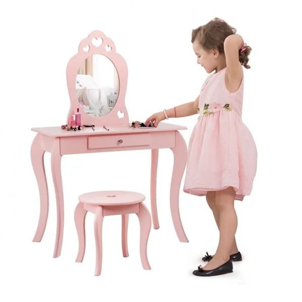 Coiffeuse Enfant avec Miroir Inclus de Table de Maquillage et deTabouret Dessus Amovible Rose