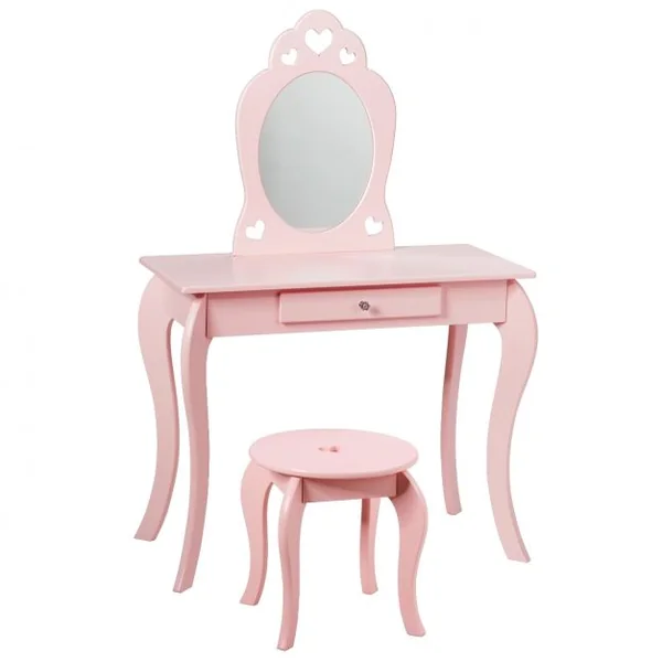 Coiffeuse Enfant avec Miroir Inclus de Table de Maquillage et deTabouret Dessus Amovible Rose