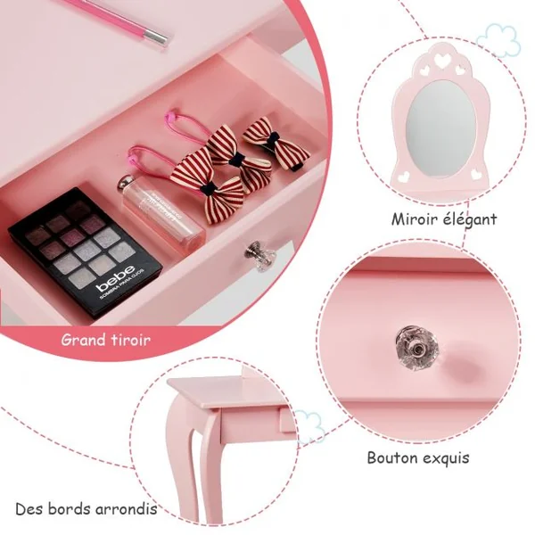 Coiffeuse Enfant avec Miroir Inclus de Table de Maquillage et deTabouret Dessus Amovible Rose