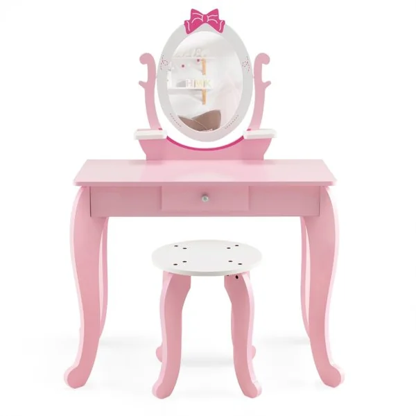 Coiffeuse Enfant Miroir Rotatif à 360° Tabouret 1 Tiroir et 2 Etagères de Rangement Rose pour Fille 3 7 ans