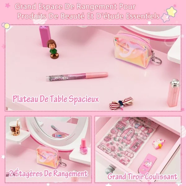 Coiffeuse Enfant Miroir Rotatif à 360° Tabouret 1 Tiroir et 2 Etagères de Rangement Rose pour Fille 3 7 ans