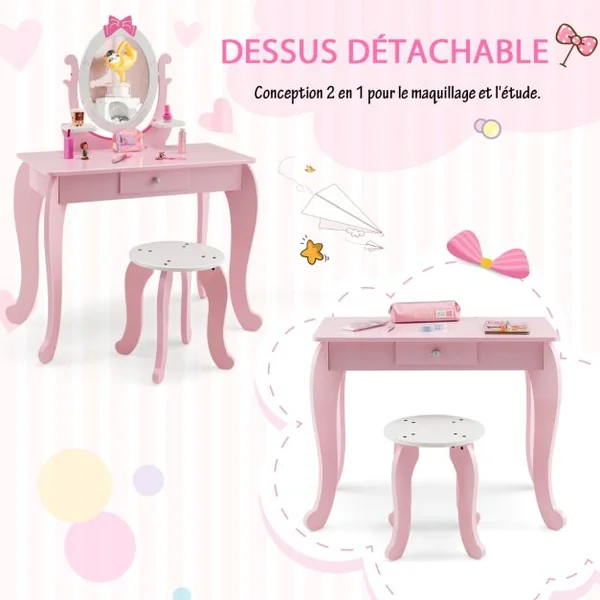 Coiffeuse Enfant Miroir Rotatif à 360° Tabouret 1 Tiroir et 2 Etagères de Rangement Rose pour Fille 3 7 ans