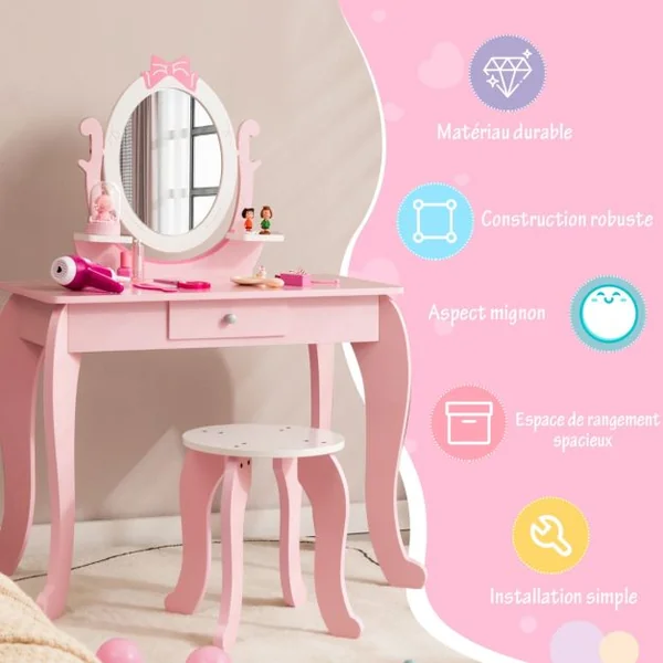 Coiffeuse Enfant Miroir Rotatif à 360° Tabouret 1 Tiroir et 2 Etagères de Rangement Rose pour Fille 3 7 ans